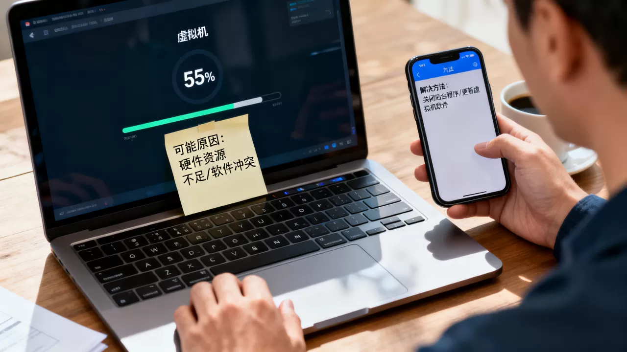 虚拟机卡在55%不动是什么原因，怎么解决？